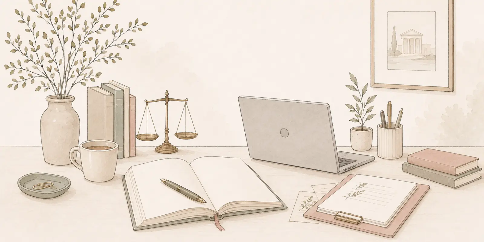 Mesa de trabajo con libros jurídicos, una balanza, un cuaderno y un ordenador portátil