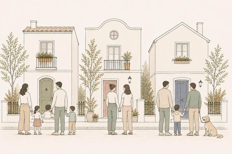 Ilustración de tres viviendas con familias frente a ellas