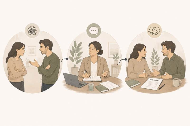 Ilustración de una sesión de mediación entre dos partes