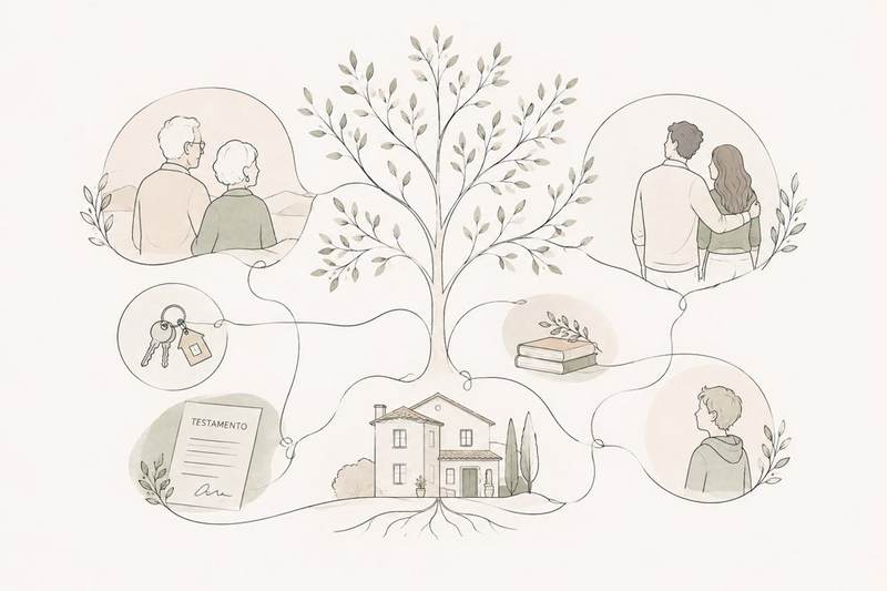 Ilustración de una herencia: documentos, llaves y objetos familiares